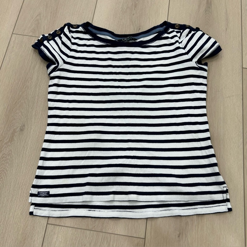 LAUREN Ralph Lauren Shirt Large White Blue Stripe Short Sleeve Buttons Shoulders